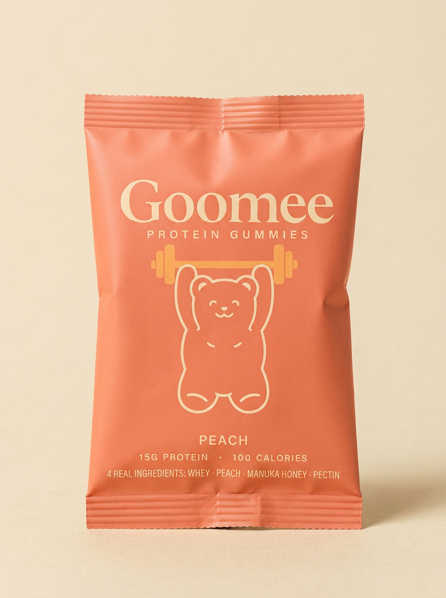 Goomee Peach single-serve protein gummy pouch